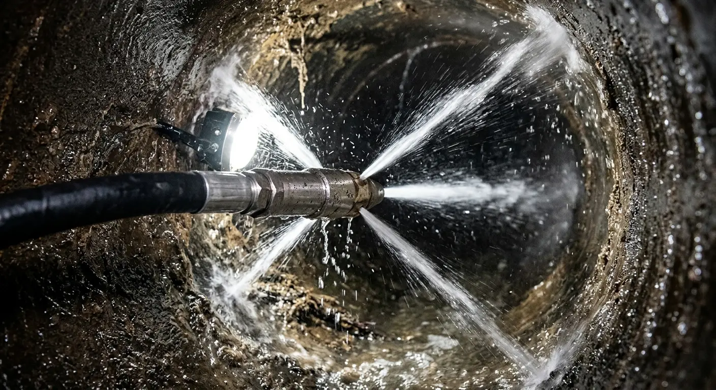High-pressure hydro jetting nozzle cleaning sewer pipe for Sewer Cleanout in Lathrop