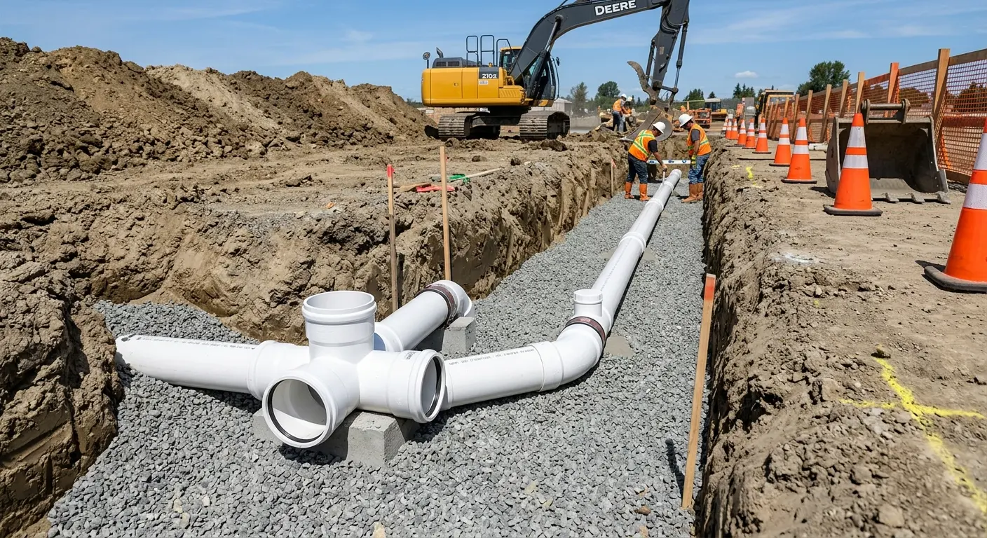 New PVC sewer pipe installation in open trench for Sewer Backup in Lathrop