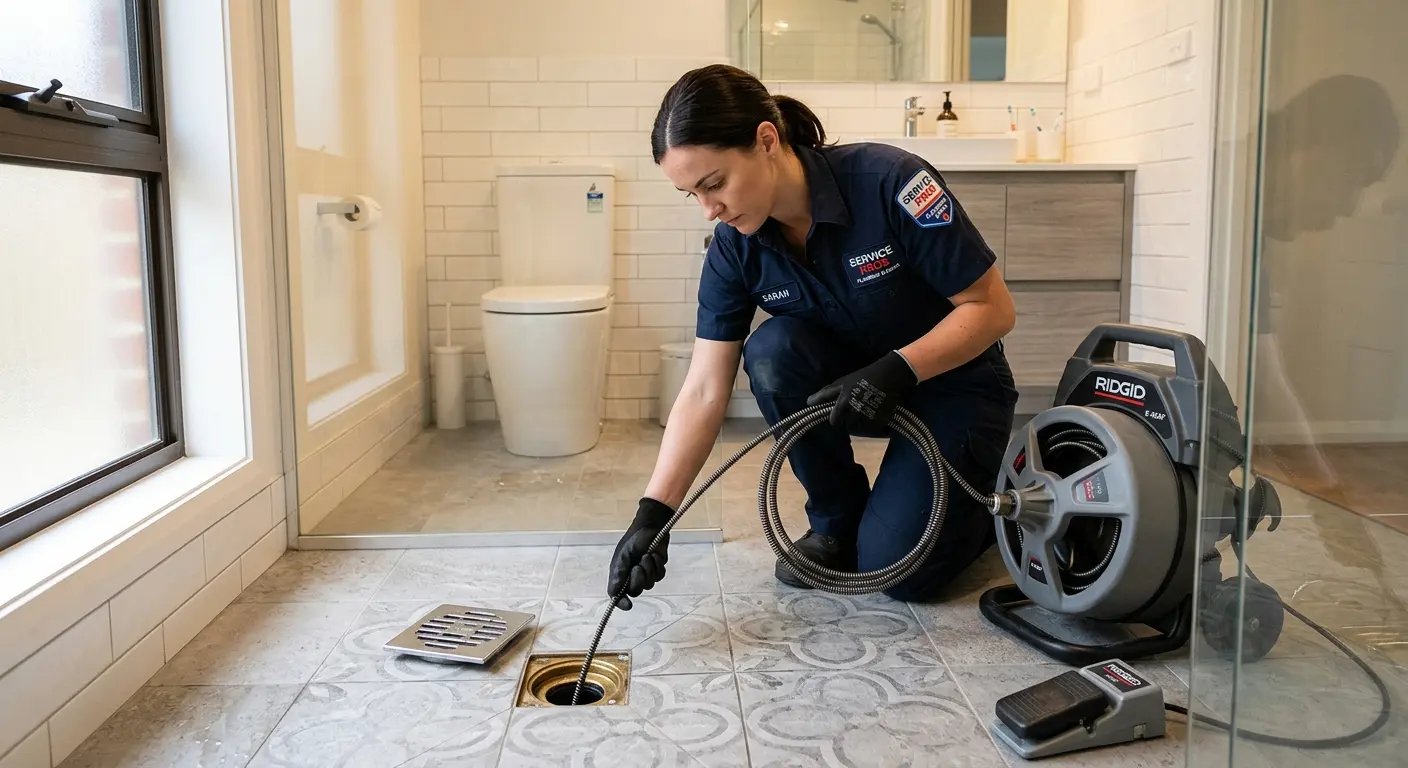 Technician clearing a bathroom floor drain for Hydro Jetting in Lathrop
